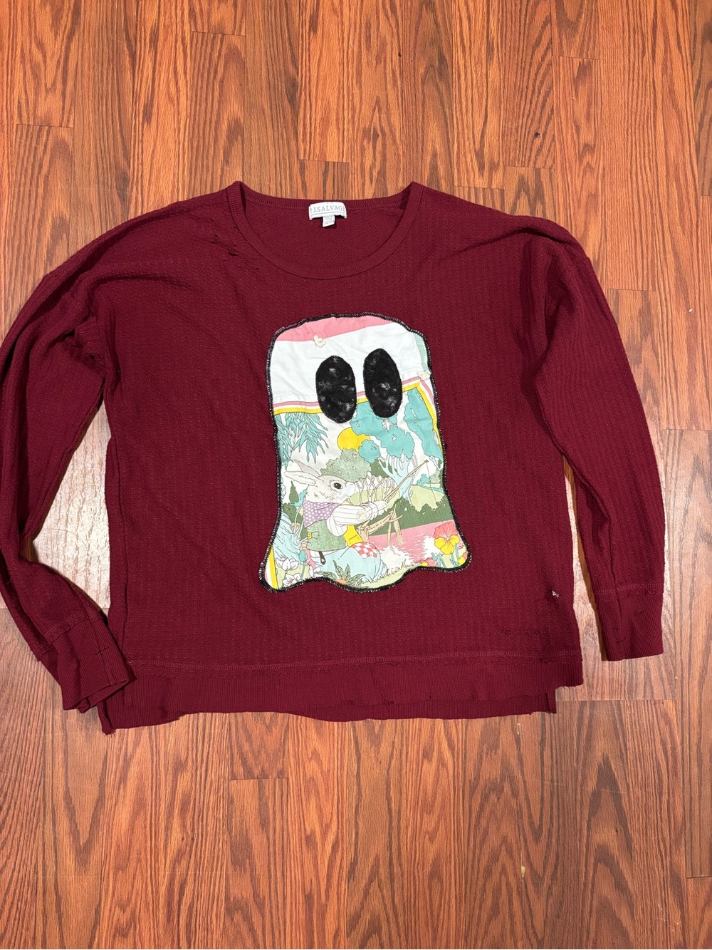 Upcycled PJ Salvage Burgundy Crewneck Sweater with Ghost Patch